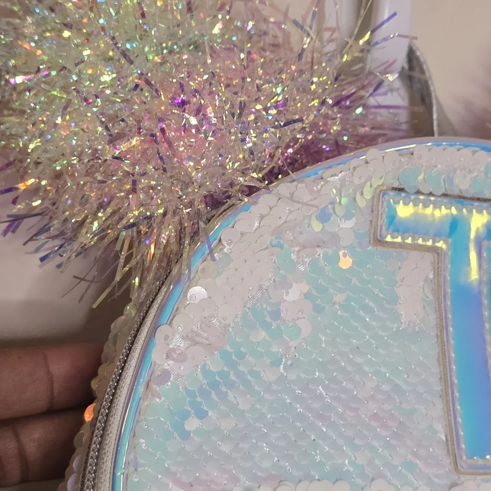 Justice Silver Flip Sequin Mini Backpack T Initial Pompom Metallic Glitter Bag